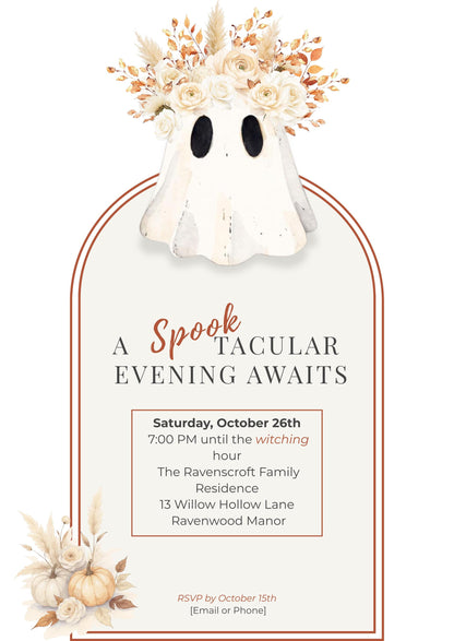 Halloween Party Invitation Template: Elegant Boho Ghost & Pumpkin (Instant Downloadable Canva Template 5x7" )