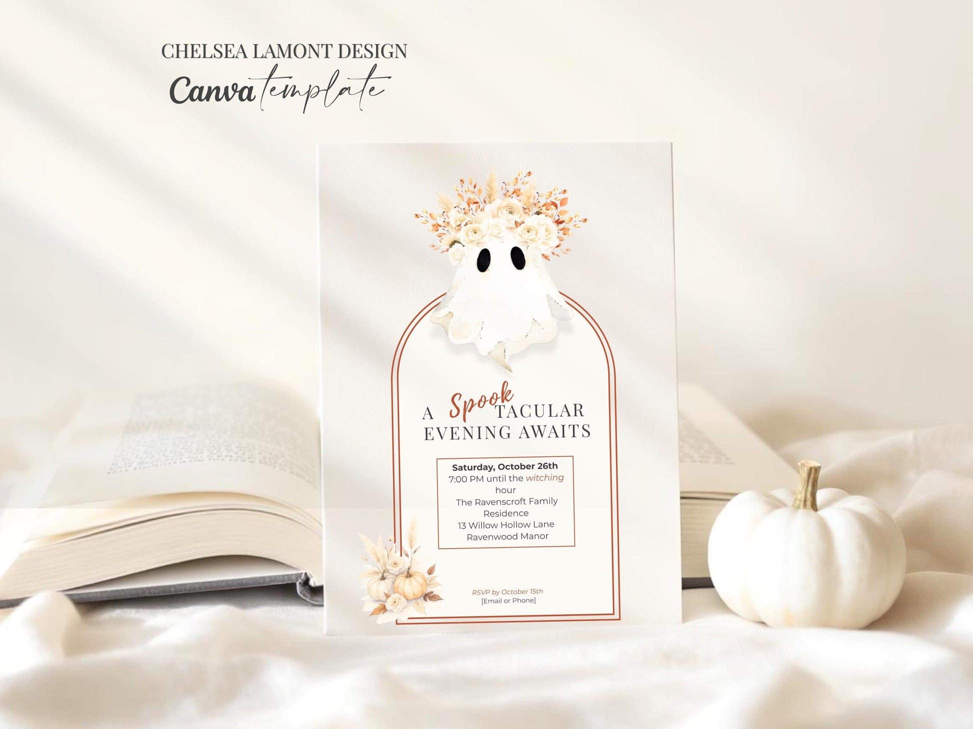 Halloween Party Invitation Template: Elegant Boho Ghost & Pumpkin (Instant Downloadable Canva Template 5x7" )