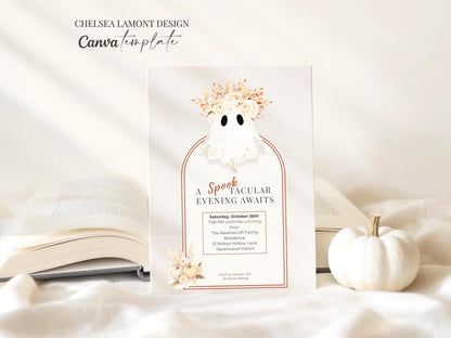 Halloween Party Invitation Template: Elegant Boho Ghost & Pumpkin (Instant Downloadable Canva Template 5x7" )