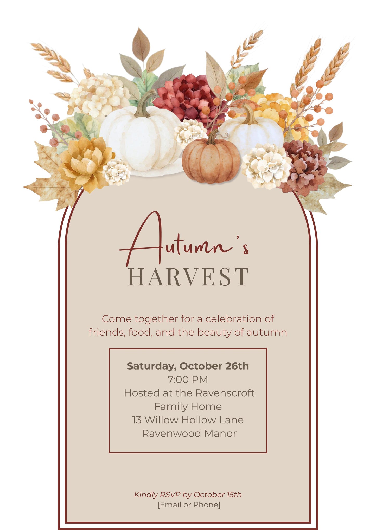 Autumn Party Announcement Template Digital Invitation Design For Celebration Harvest Theme Rustic Decor Element Botanical Illustrations