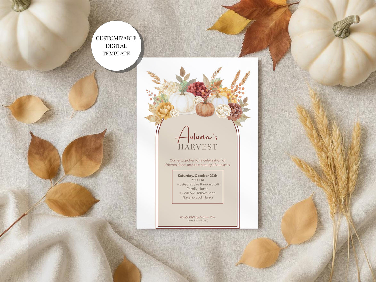 Autumn Party Announcement Template Digital Invitation Design For Celebration Harvest Theme Rustic Decor Element Botanical Illustrations