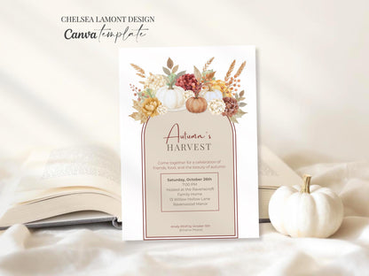 Autumn Party Template Digital Invitation Collection Watercolor Botanical Design Premium Quality Illustration Pumpkin Wheat Elements Professional Layout Modern Typography Customizable Format Beautiful Seasonal Celebration Package Party