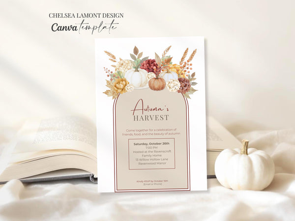 Autumn Party Template Digital Invitation Collection Watercolor Botanical Design Premium Quality Illustration Pumpkin Wheat Elements Professional Layout Modern Typography Customizable Format Beautiful Seasonal Celebration Package Party