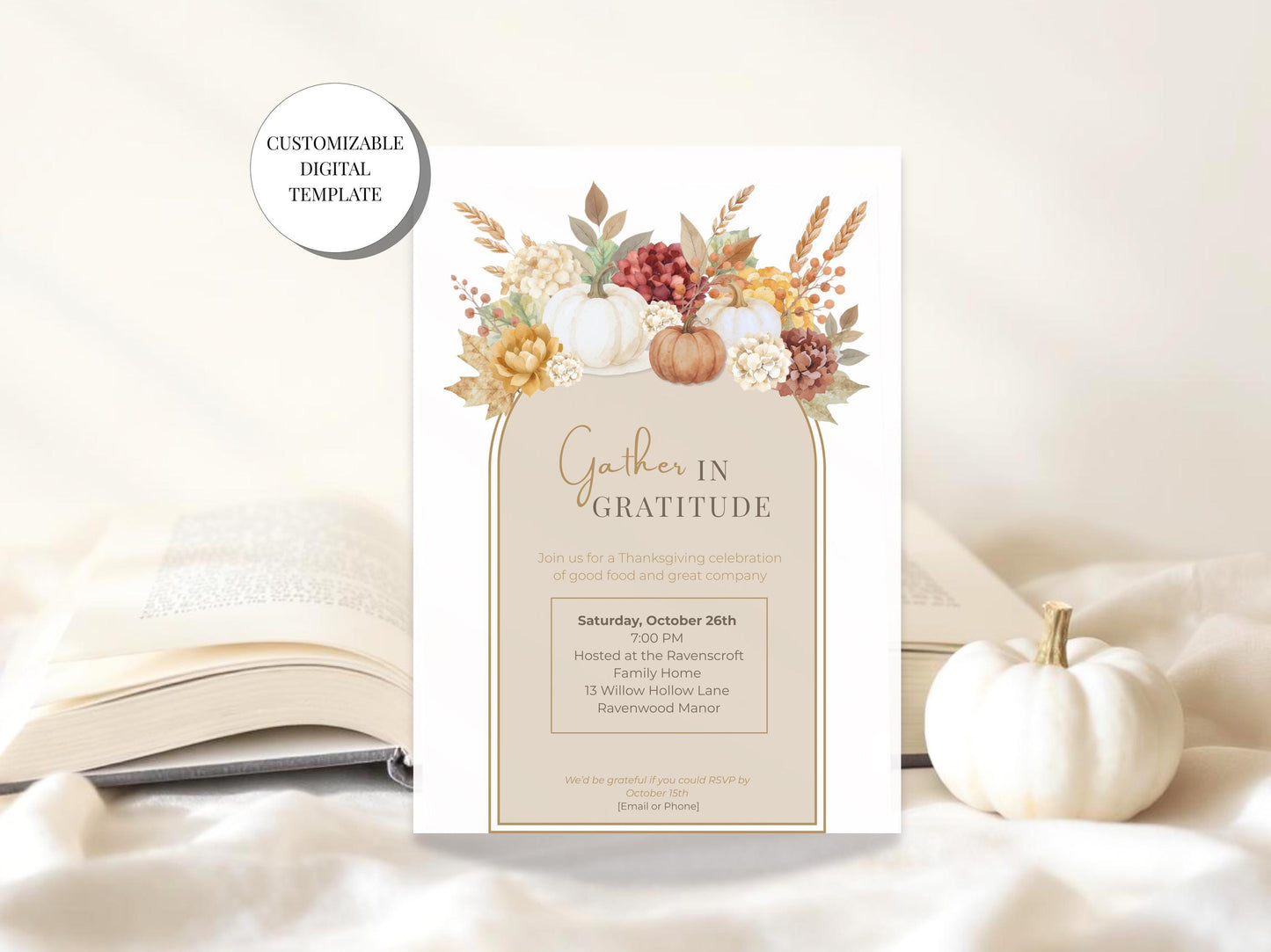 Thanksgiving Invitation Template Digital Download Canva Editable Fall Design Watercolor Pumpkin Harvest Party Invitation Printable Autumn