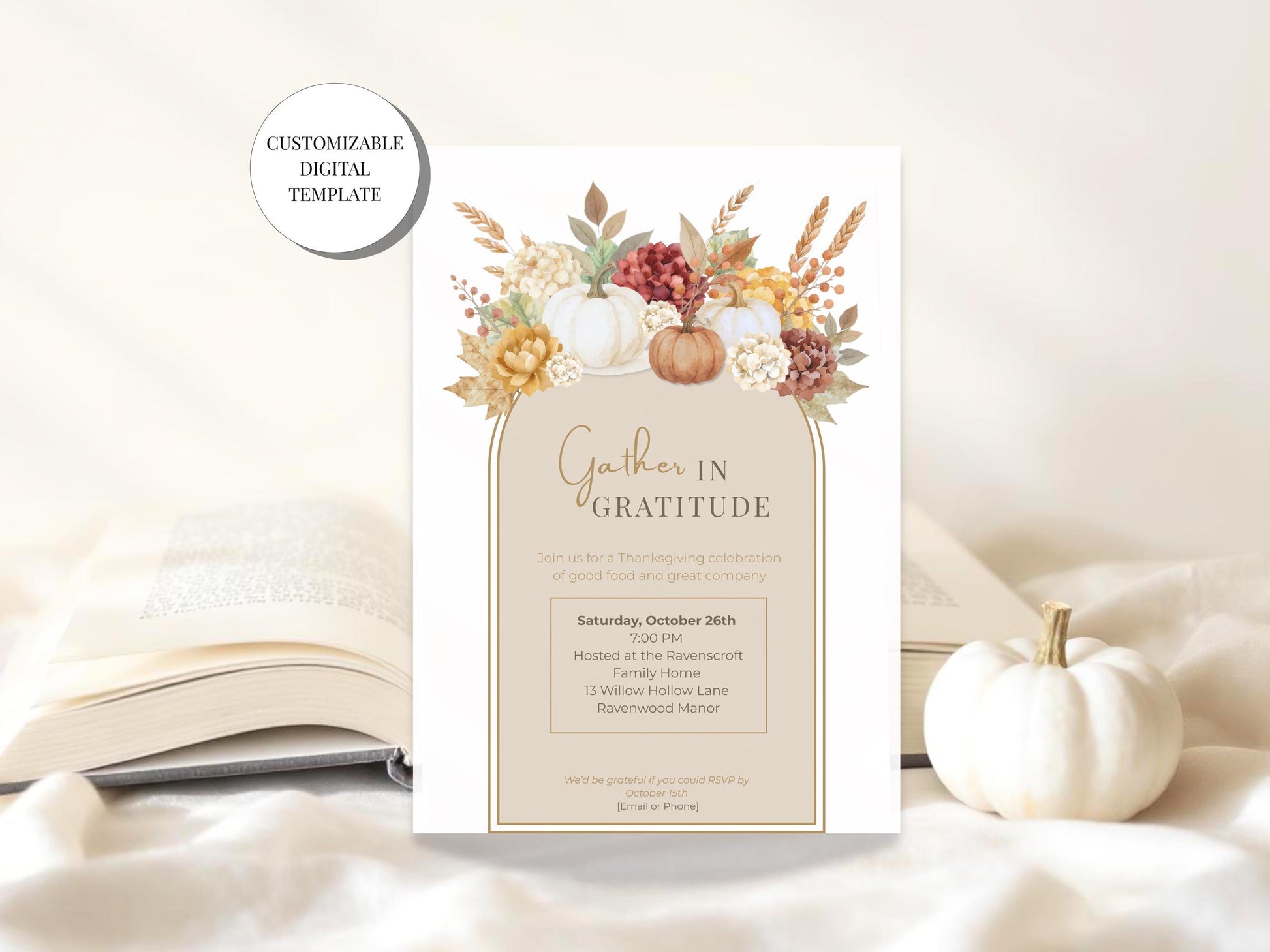 Thanksgiving Invitation Template Digital Download Canva Editable Fall Design Watercolor Pumpkin Harvest Party Invitation Printable Autumn