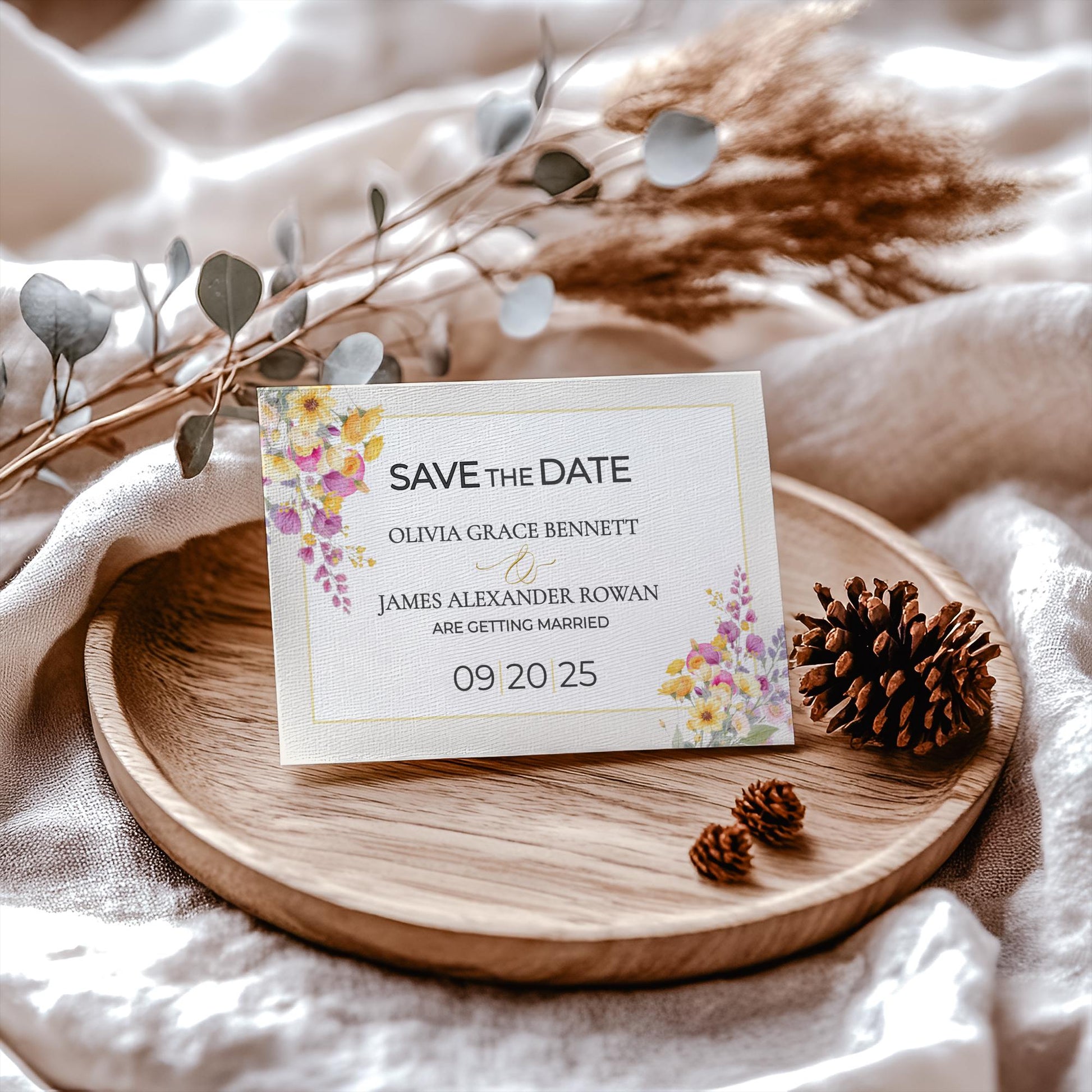 Digital Save Date Floral Template Watercolor Design Wedding Invitation Gold Border Modern Font Template DIY Download Bride Card Customizable