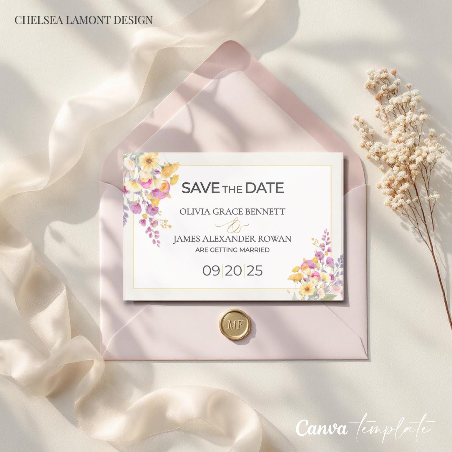 Digital Wedding Template Modern Save The Date Design Watercolor Floral Pattern Gold Border Details Elegant Announcement Collection Customizable Text Layout Premium Quality Template Instant Download Format Easy Edit Design Beautiful Bride