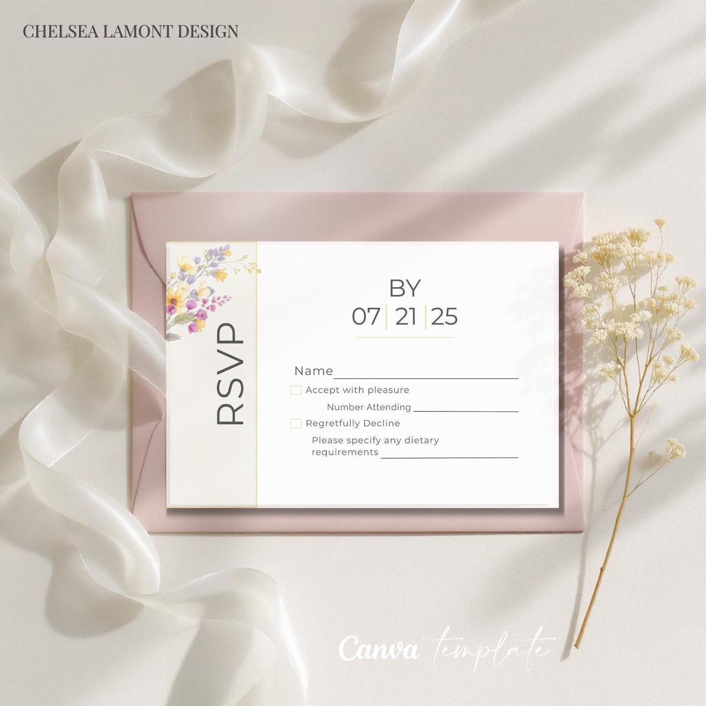 Wedding RSVP Template Digital Download Wedding Invitation Design Template Floral Design Wedding Stationery Pink Flower Card Responses