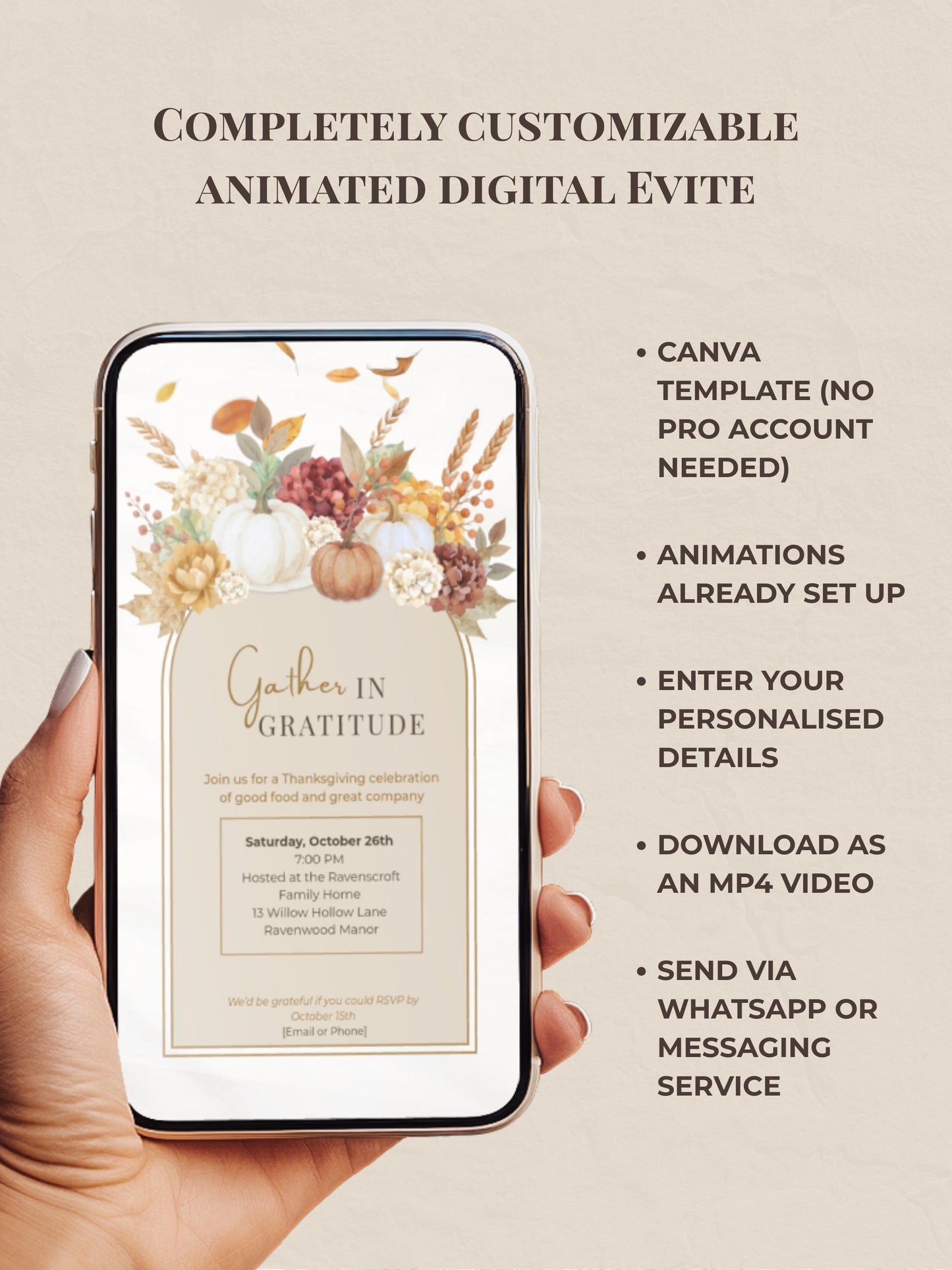 Animated Thanksgiving Digital Invite, Editable Harvest Dinner Video Evite, Fall Party Motion Invite WhatsApp or Email, Autumn Canva Template