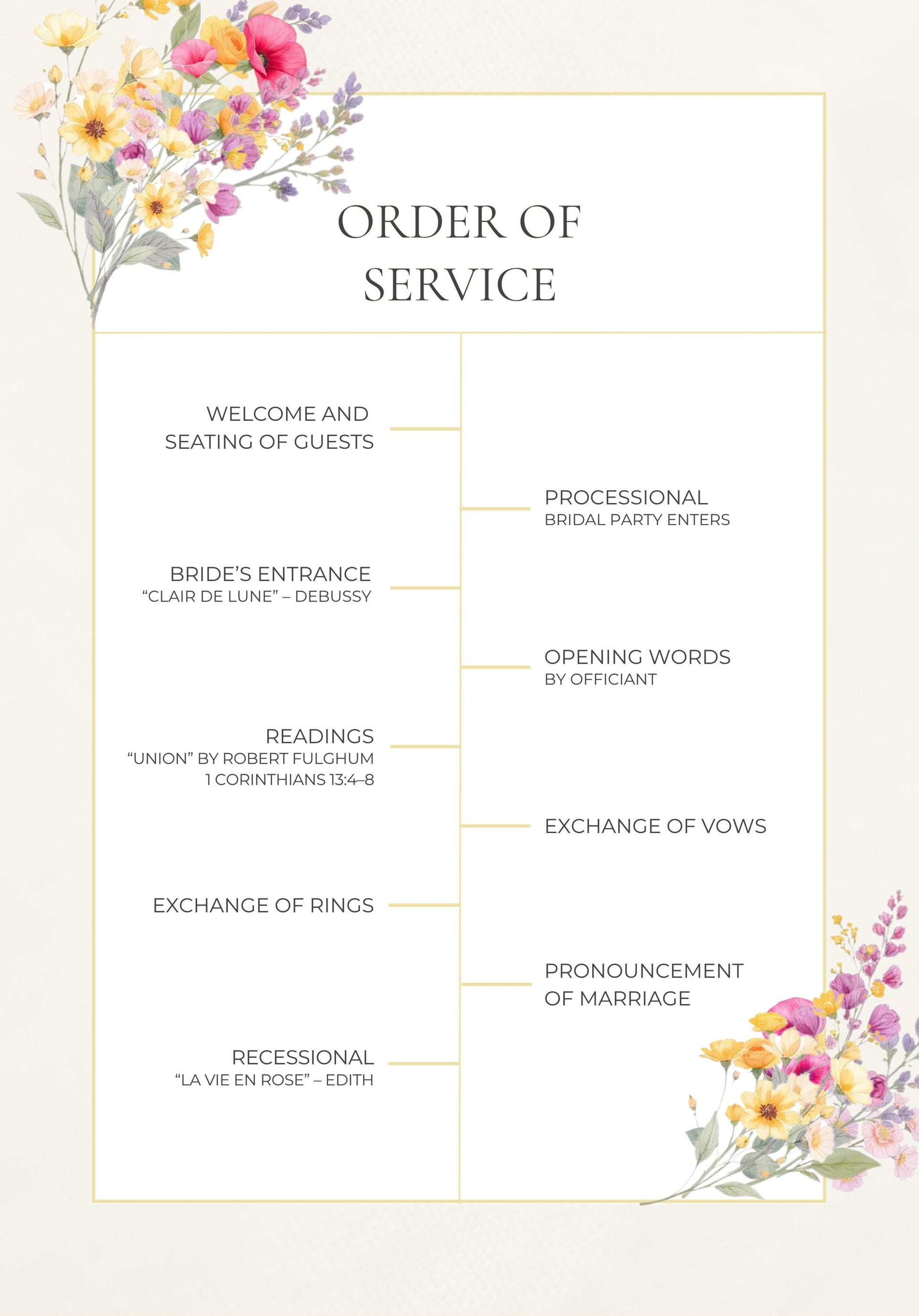 Wedding Ceremony Program Template Design Floral Accent Gold Detail Wedding Template Canva Edit Service Outline Ceremony Order Card Printable