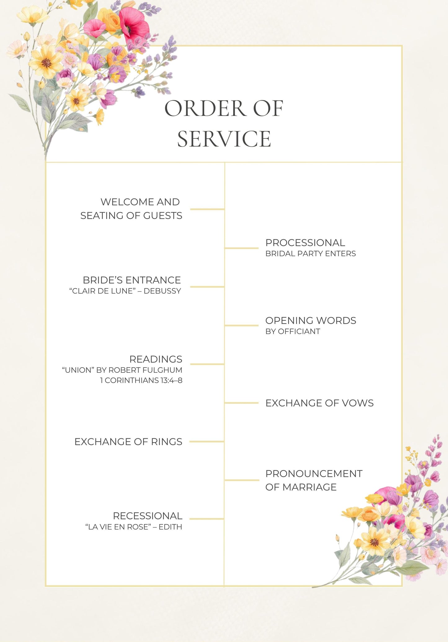 Wedding Ceremony Program Template Design Floral Accent Gold Detail Wedding Template Canva Edit Service Outline Ceremony Order Card Printable