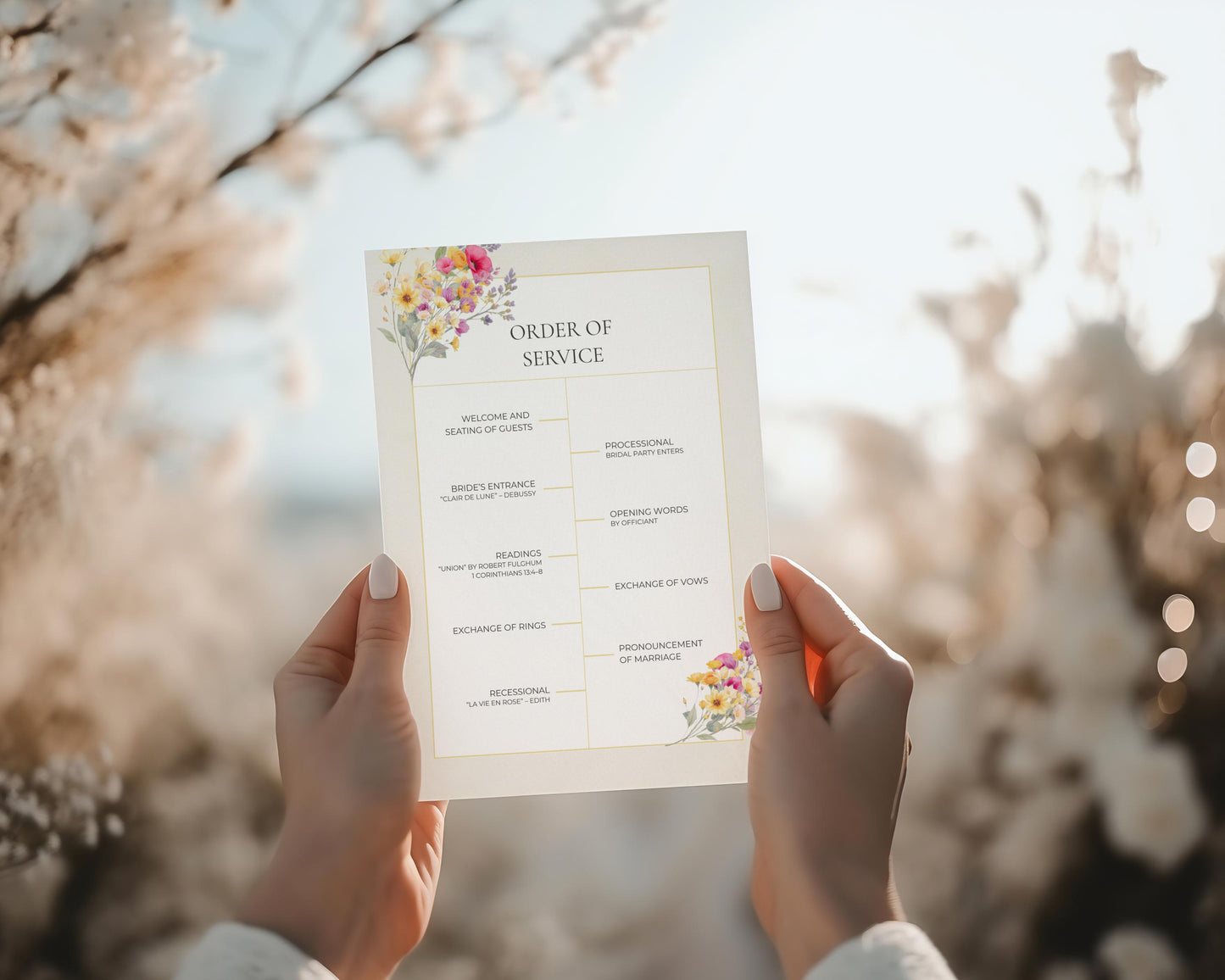 Wedding Ceremony Program Template Design Floral Accent Gold Detail Wedding Template Canva Edit Service Outline Ceremony Order Card Printable