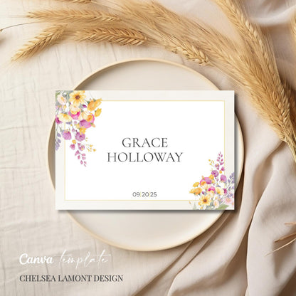 Watercolor Place Setting Template Digital Wedding Design Customizable Table Name Tags Elegant Floral Pattern Yellow Purple Pink Details Modern Reception Stationery Professional Canva Format Easy Edit Options Beautiful Event Planning