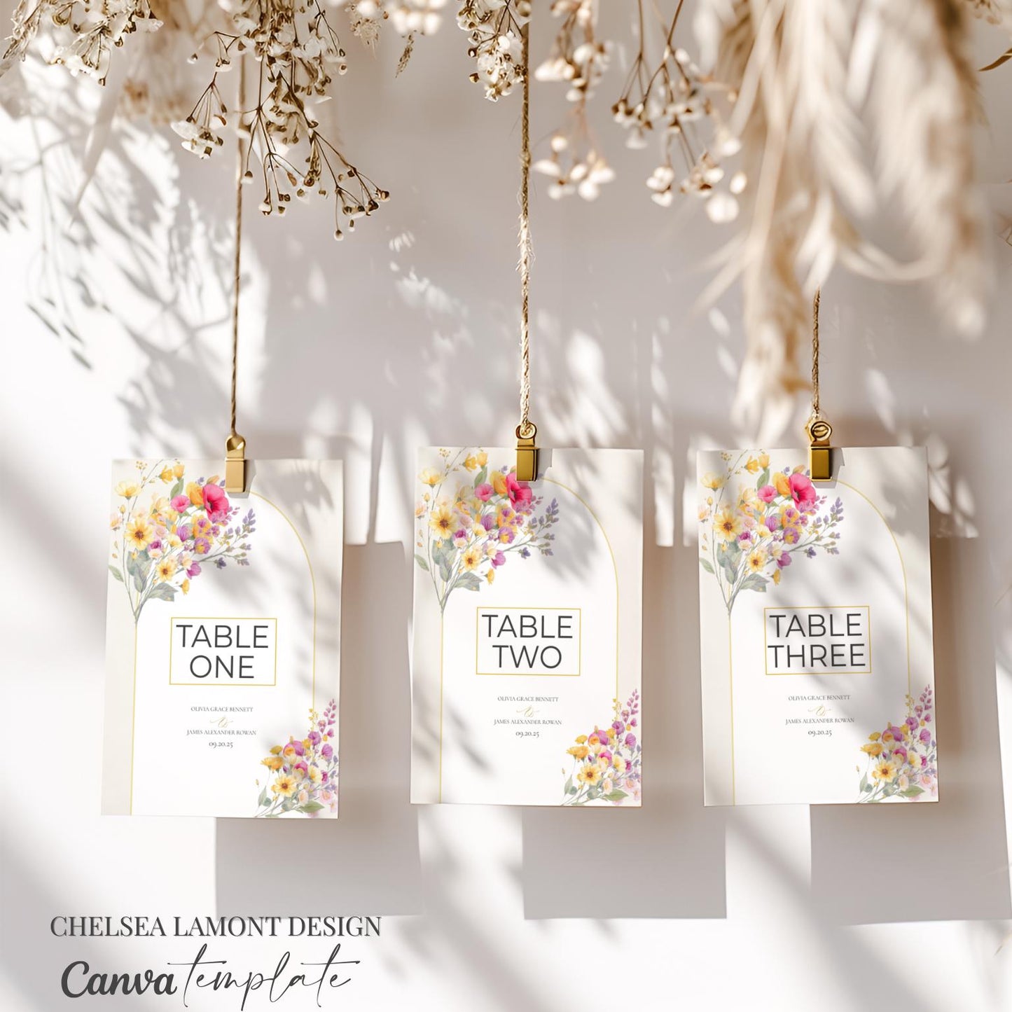 Wedding Table Number Template Digital Download Floral Design Romantic Reception Display Customizable Numbers Elegant Table Setup Instant Access Template Beautiful Watercolor Style Pink Yellow Flowers Modern Wedding Planning Essential Easy