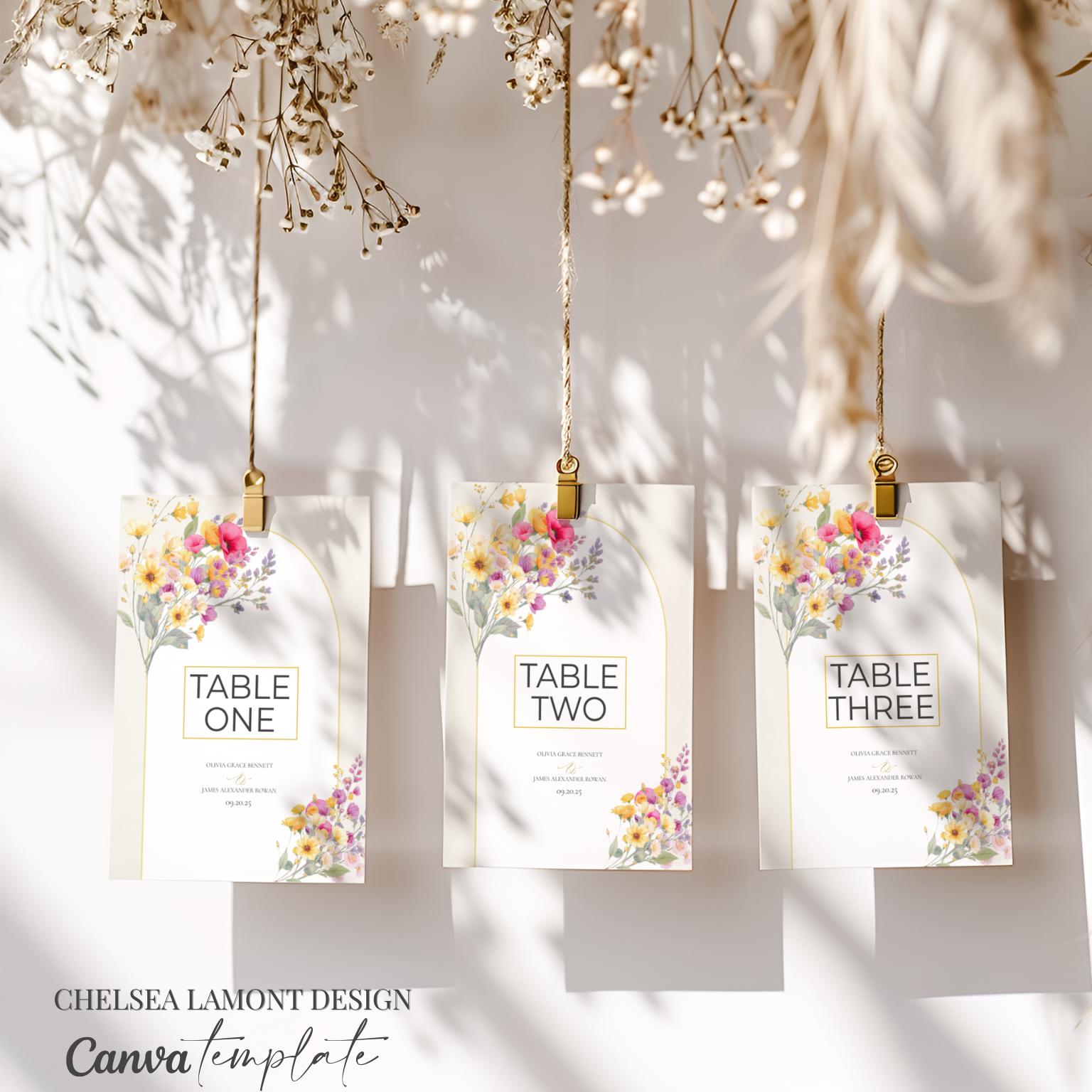 Wedding Table Number Template Digital Download Floral Design Romantic Reception Display Customizable Numbers Elegant Table Setup Instant Access Template Beautiful Watercolor Style Pink Yellow Flowers Modern Wedding Planning Essential Easy