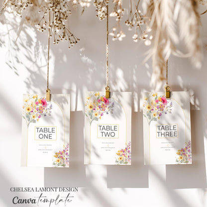 Wedding Table Number Template Digital Download Floral Design Romantic Reception Display Customizable Numbers Elegant Table Setup Instant Access Template Beautiful Watercolor Style Pink Yellow Flowers Modern Wedding Planning Essential Easy