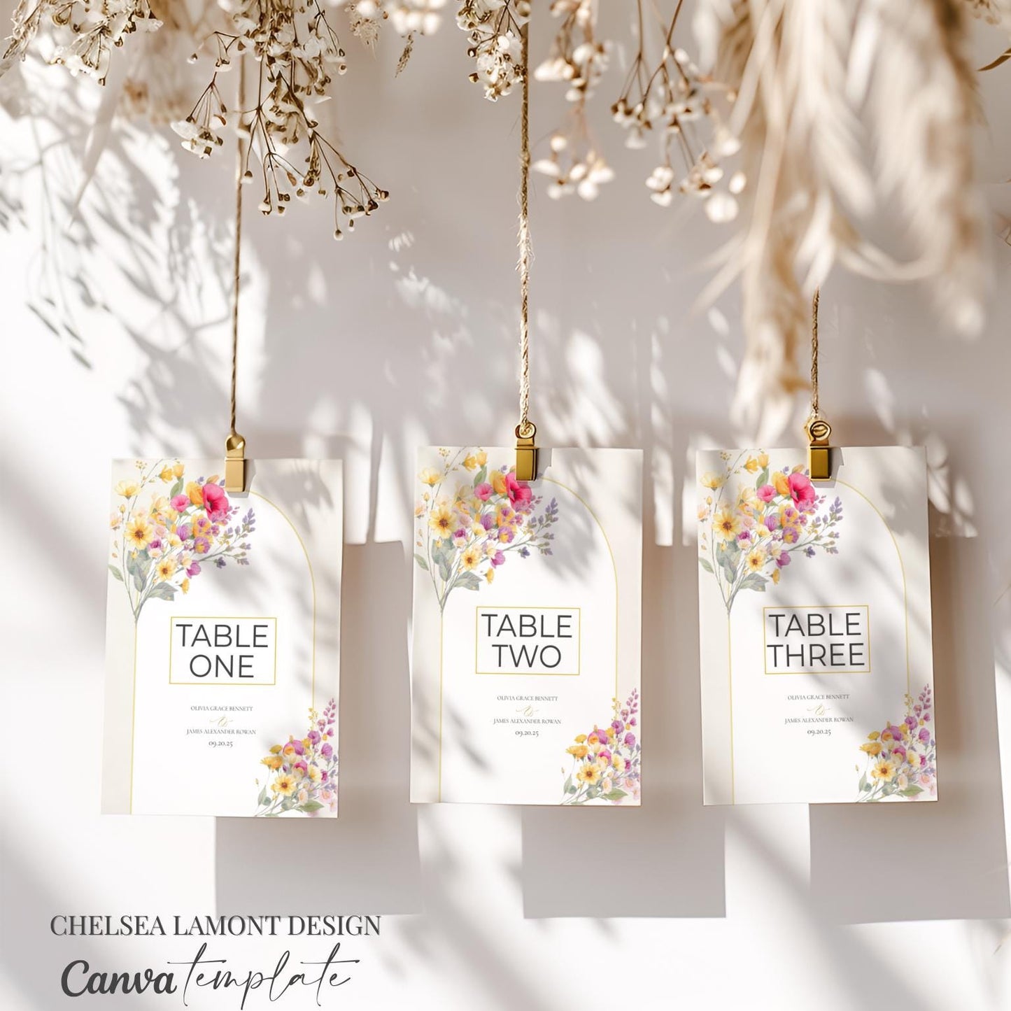 Wedding Table Number Template Digital Download Floral Design Romantic Reception Display Customizable Numbers Elegant Table Setup Instant Access Template Beautiful Watercolor Style Pink Yellow Flowers Modern Wedding Planning Essential Easy