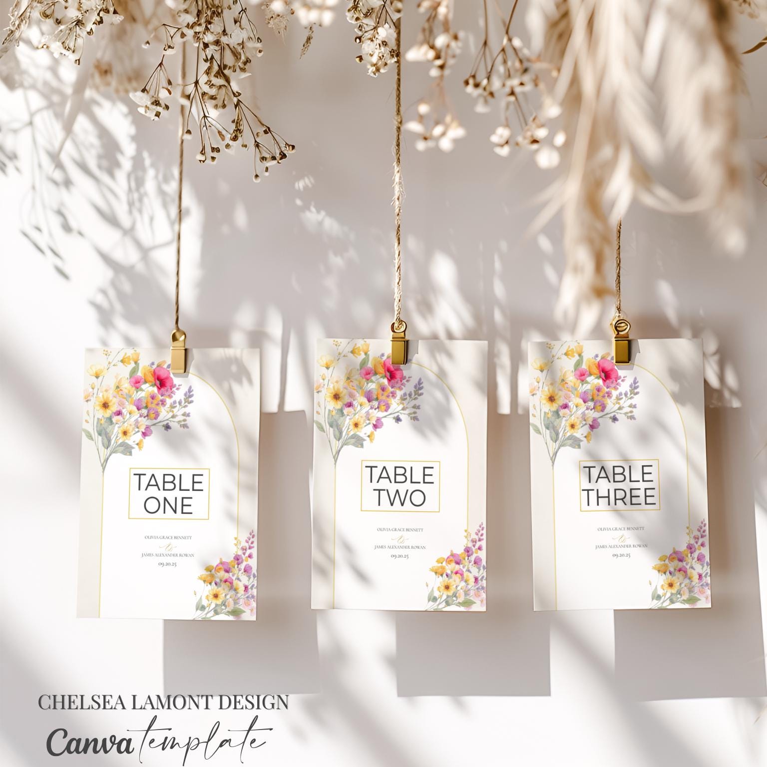 Wedding Table Number Template Digital Download Floral Design Romantic Reception Display Customizable Numbers Elegant Table Setup Instant Access Template Beautiful Watercolor Style Pink Yellow Flowers Modern Wedding Planning Essential Easy