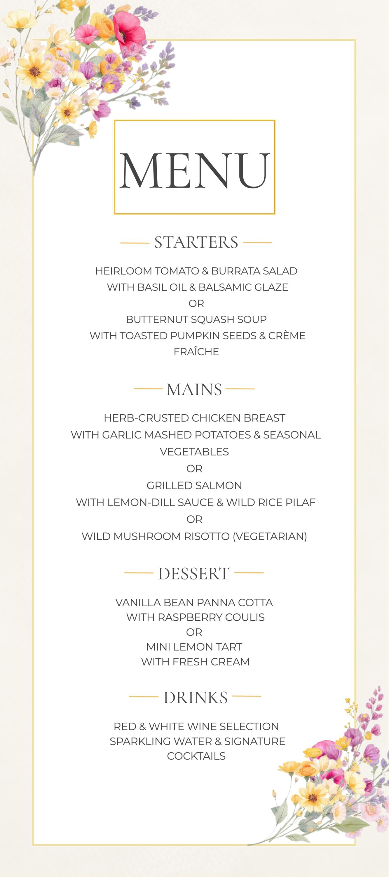 Wedding Menu Template Design Download Digital File Instant Access Bridal Stationery Wedding Reception Dinner Menu Table Display Elegant Look