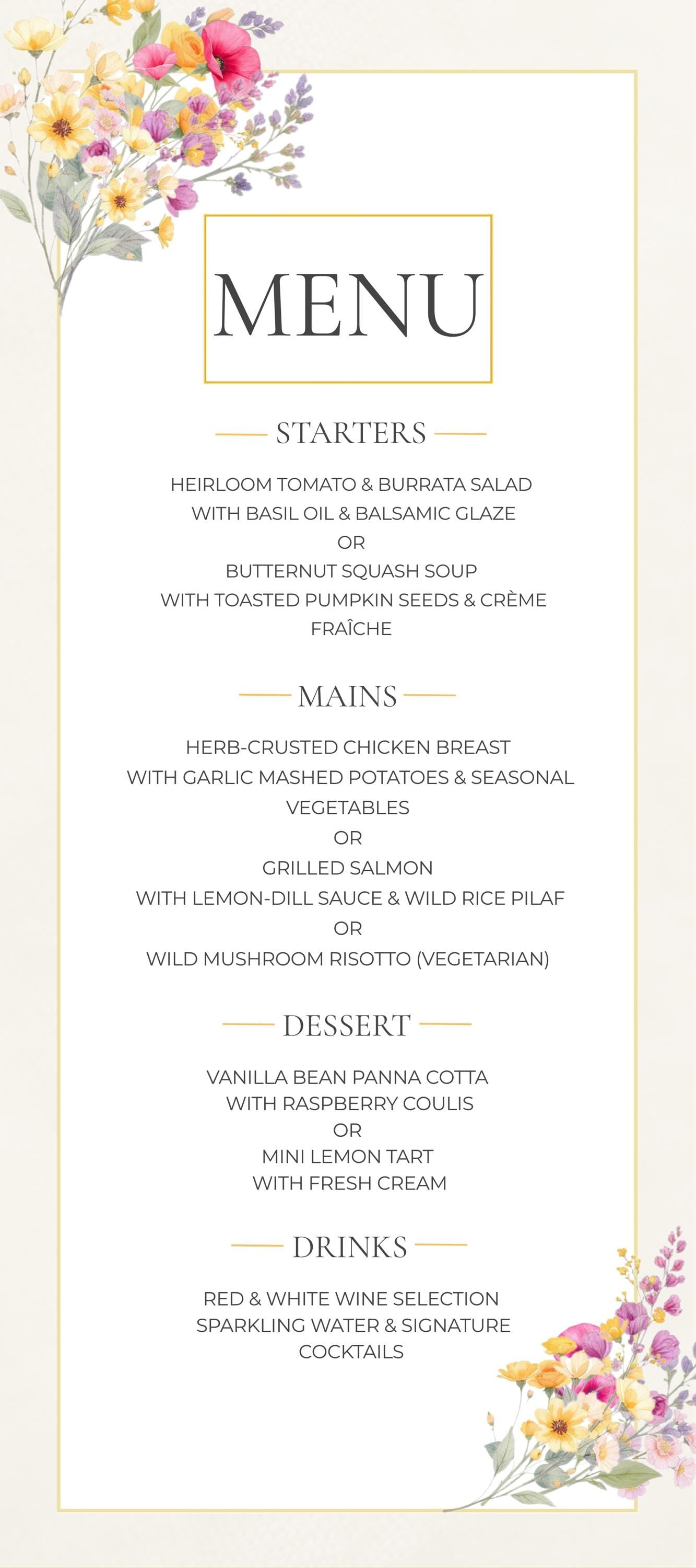 Wedding Menu Template Design Download Digital File Instant Access Bridal Stationery Wedding Reception Dinner Menu Table Display Elegant Look