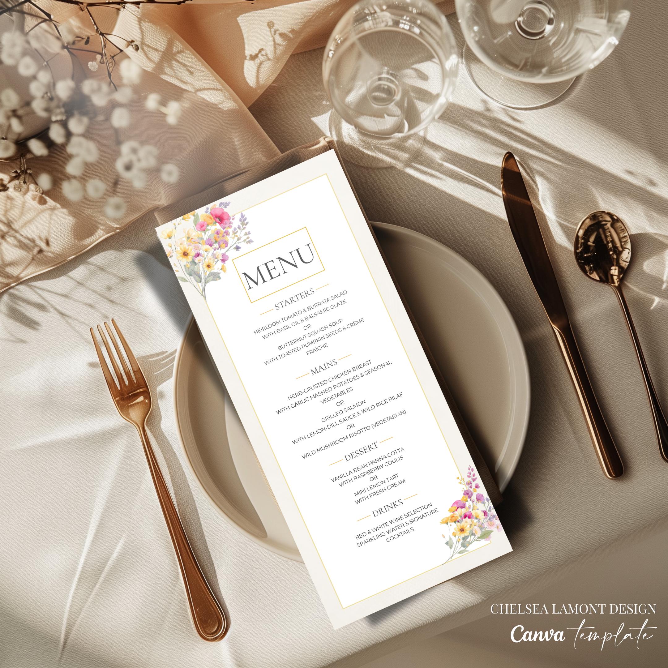 Wedding Menu Template Digital Download Instant Access Elegant Design Reception Dinner Display Watercolor Floral Pattern Gold Border Accent Custom Food Section Table Setting Beautiful Wedding Planning Essential Romantic Style Premium Quality