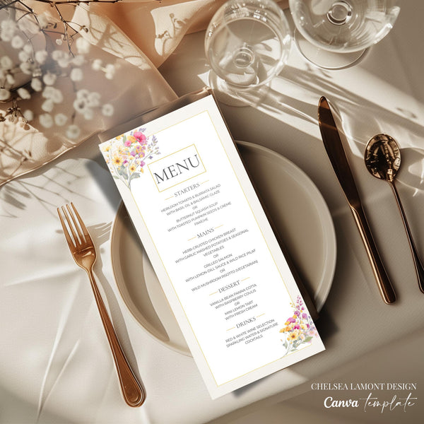 Wedding Menu Template Digital Download Instant Access Elegant Design Reception Dinner Display Watercolor Floral Pattern Gold Border Accent Custom Food Section Table Setting Beautiful Wedding Planning Essential Romantic Style Premium Quality