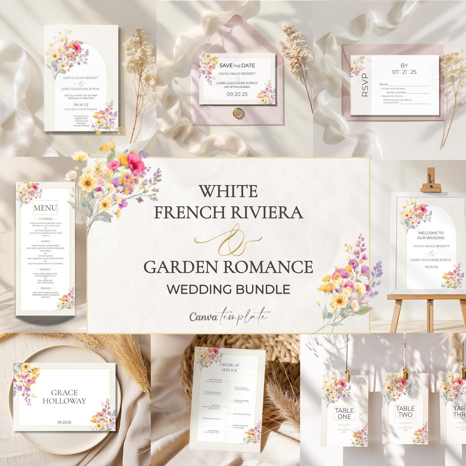 Digital Wedding Template Bundle Complete Stationery Collection Watercolor Floral Design Wedding Invitation Suite Save Date Cards Menu Signs Table Numbers Welcome Display Editable Canva Template Custom Text Options Beautiful Garden Theme