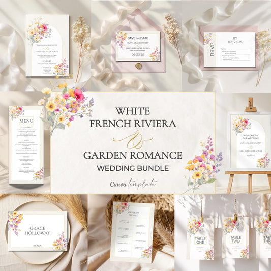 Digital Wedding Template Bundle Complete Stationery Collection Watercolor Floral Design Wedding Invitation Suite Save Date Cards Menu Signs Table Numbers Welcome Display Editable Canva Template Custom Text Options Beautiful Garden Theme