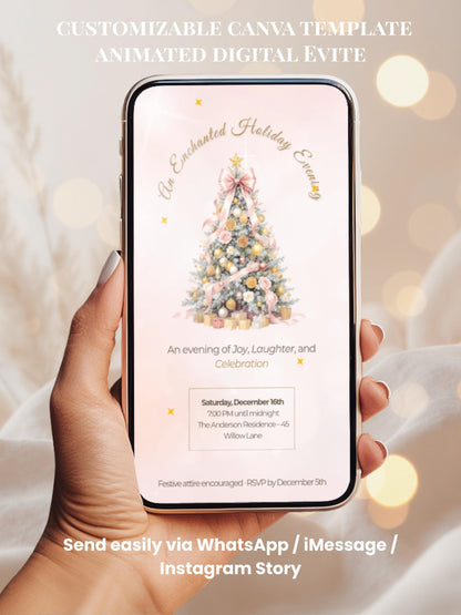 Animated Holiday Evite, Enchanted Digital Christmas Party Invitation Video, Canva Template, Elegant Holiday Invite with Envelope Animation