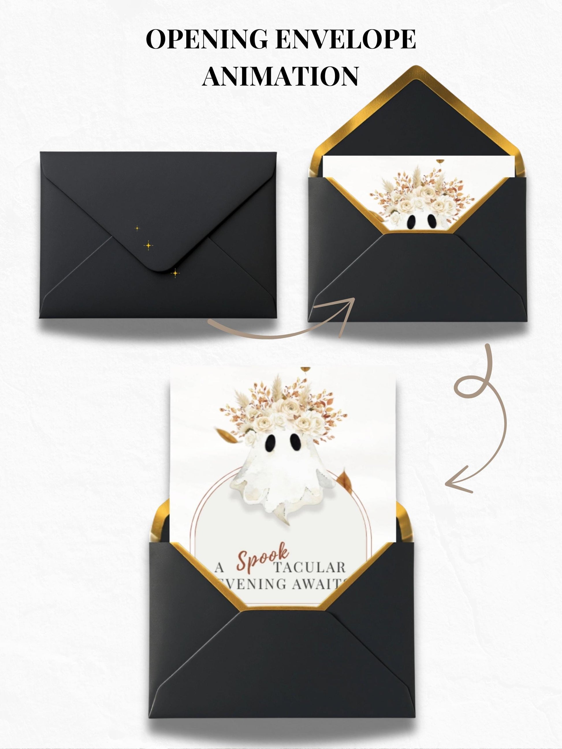 Halloween Digital Evite, Animated Halloween Party Invitation, Editable Canva Template, Black and Gold Ghost Invitation, Elegant Fall Invite