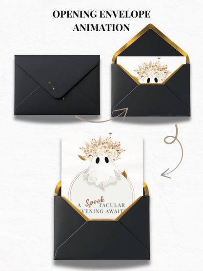 Halloween Digital Evite, Animated Halloween Party Invitation, Editable Canva Template, Black and Gold Ghost Invitation, Elegant Fall Invite