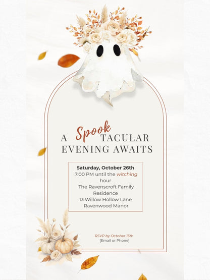 Halloween Digital Evite, Animated Halloween Party Invitation, Editable Canva Template, Black and Gold Ghost Invitation, Elegant Fall Invite