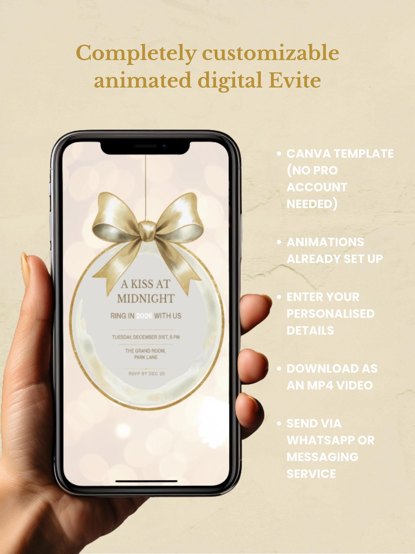 New Year’s Eve Invitation, Animated Digital Evite, Elegant Gold Champagne Party Invite, Editable Canva Template, Bring in the Bells Midnight