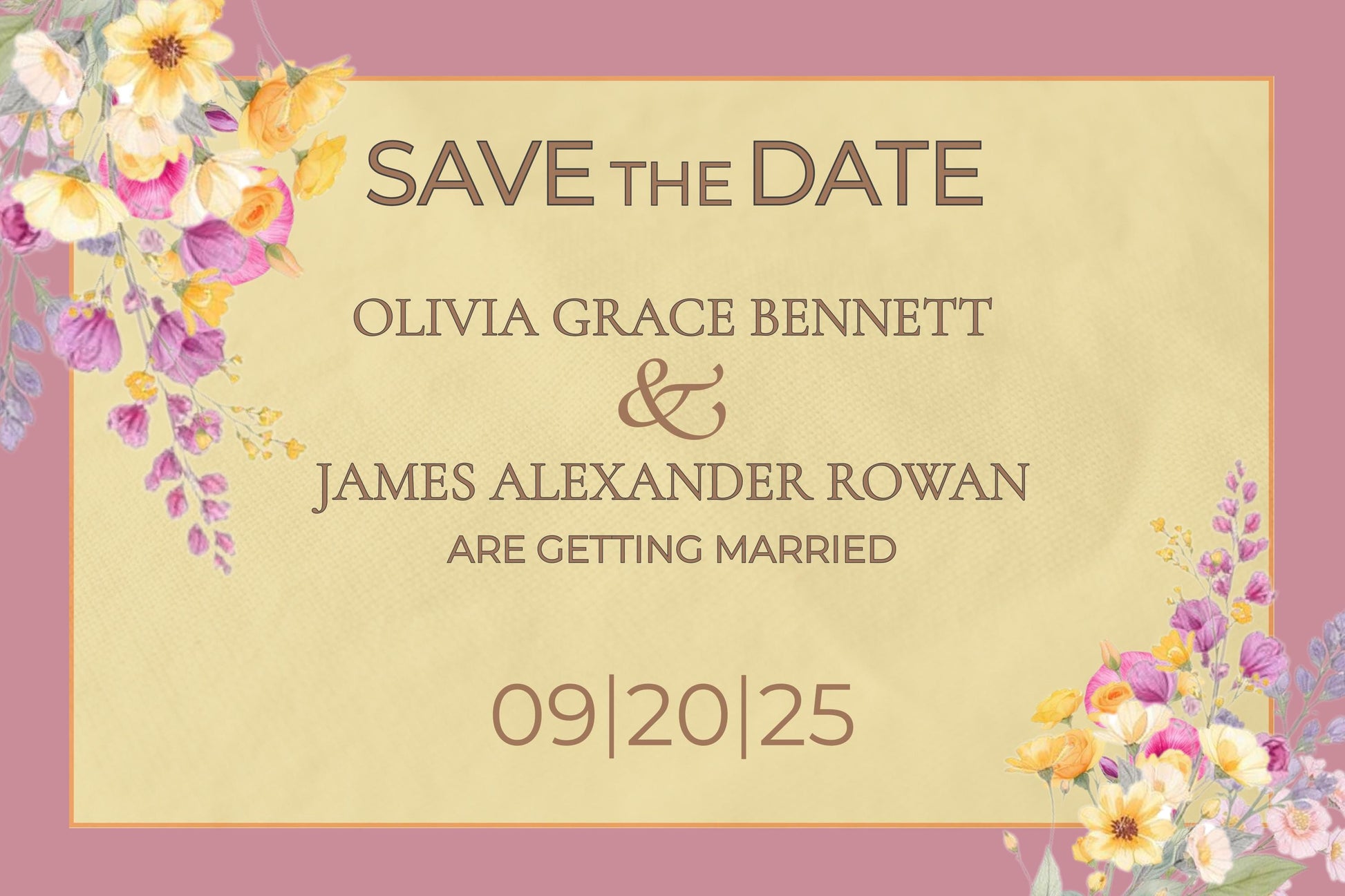 Digital Save The Date Floral Template Watercolor Design Wedding Invitation Gold Border Modern Template DIY Download Bride Card Customizable