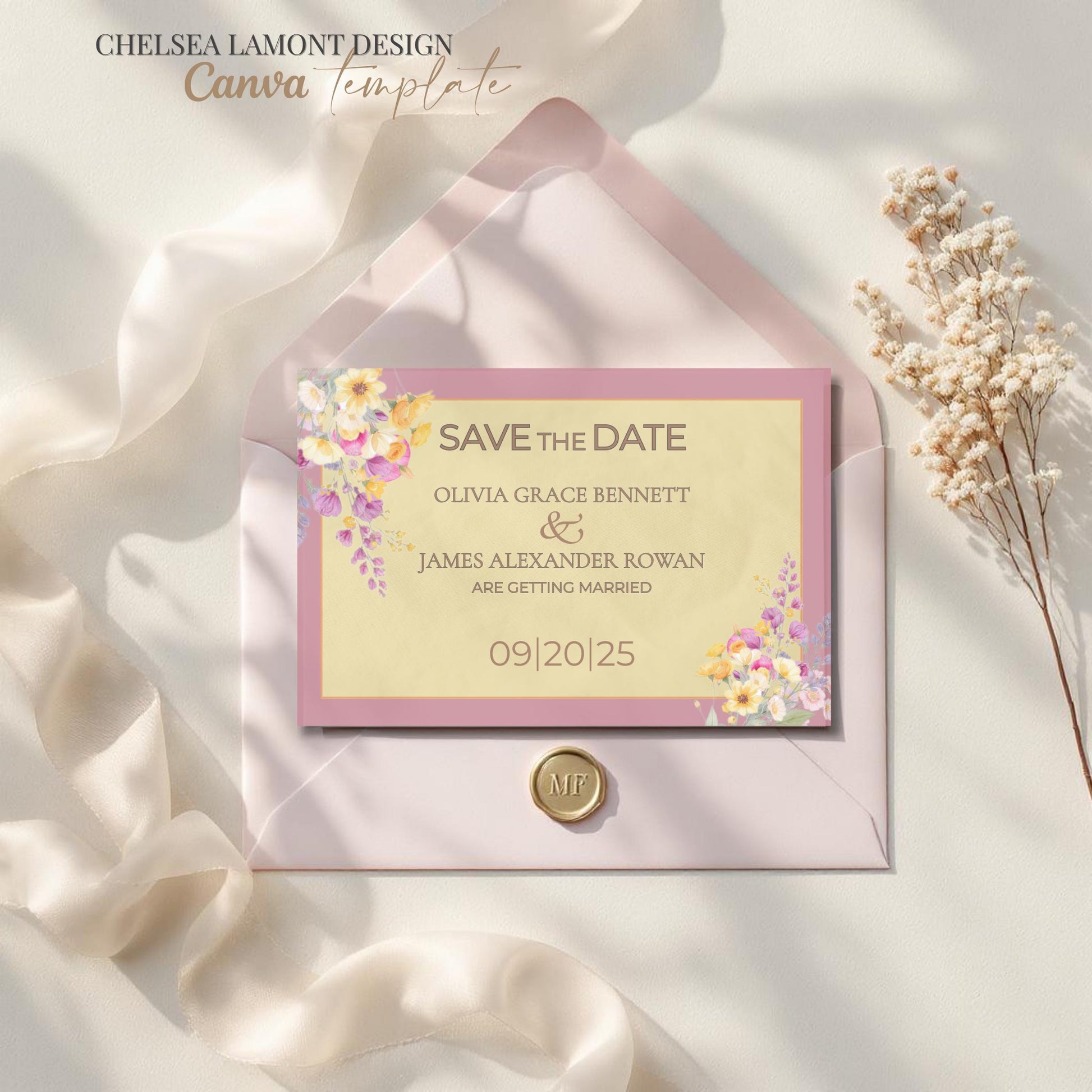 Floral Wedding Template Digital Download Collection Modern Save Date Design Watercolor Pattern Details Gold Border Accents Premium Quality Announcement Customizable Text Options Beautiful Bride Essential Easy Edit Format Wedding Planning