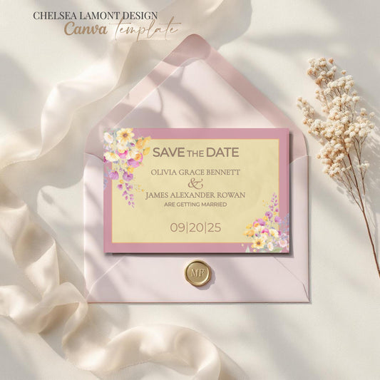 Floral Wedding Template Digital Download Collection Modern Save Date Design Watercolor Pattern Details Gold Border Accents Premium Quality Announcement Customizable Text Options Beautiful Bride Essential Easy Edit Format Wedding Planning