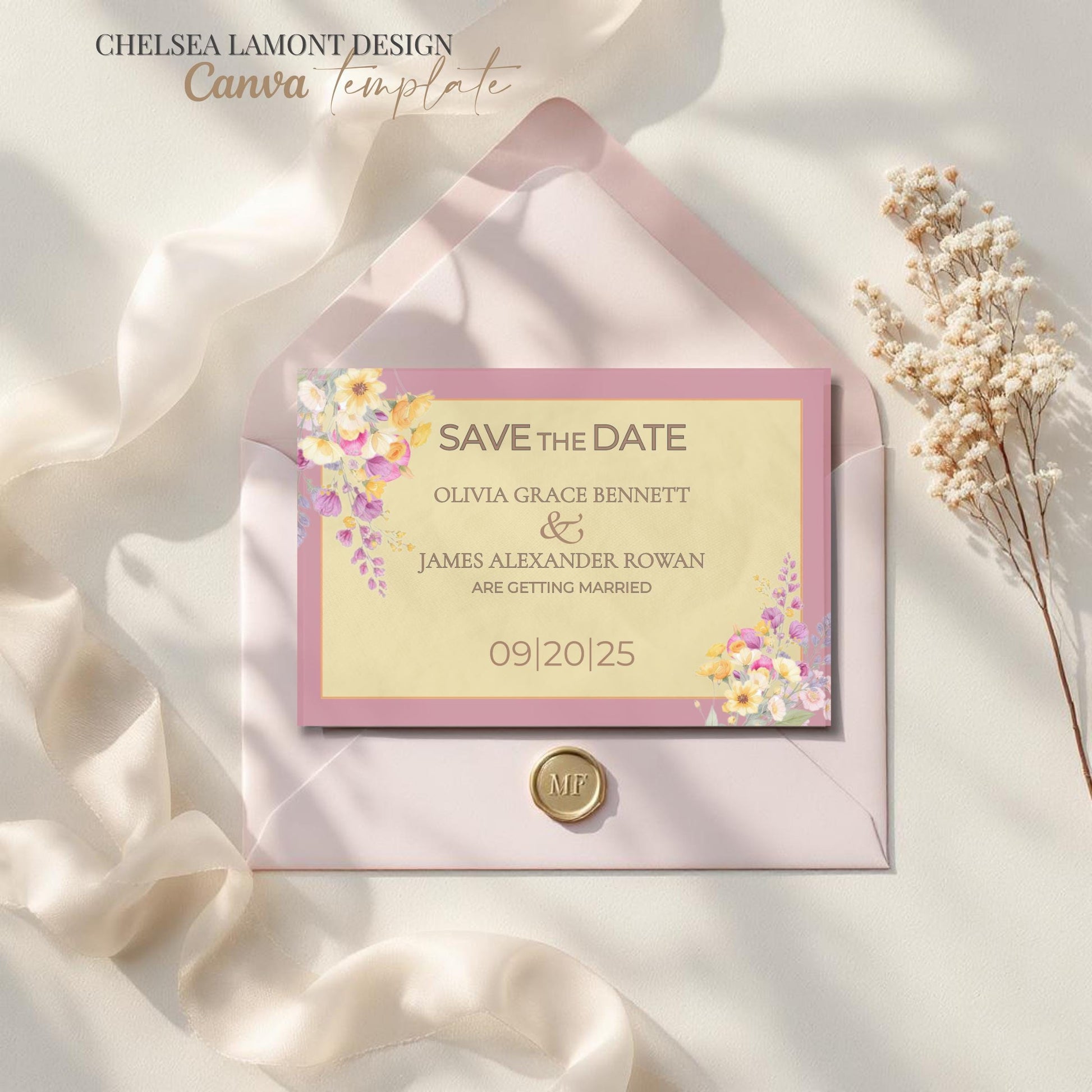 Floral Wedding Template Digital Download Collection Modern Save Date Design Watercolor Pattern Details Gold Border Accents Premium Quality Announcement Customizable Text Options Beautiful Bride Essential Easy Edit Format Wedding Planning