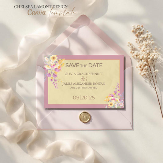 Floral Wedding Template Digital Download Collection Modern Save Date Design Watercolor Pattern Details Gold Border Accents Premium Quality Announcement Customizable Text Options Beautiful Bride Essential Easy Edit Format Wedding Planning