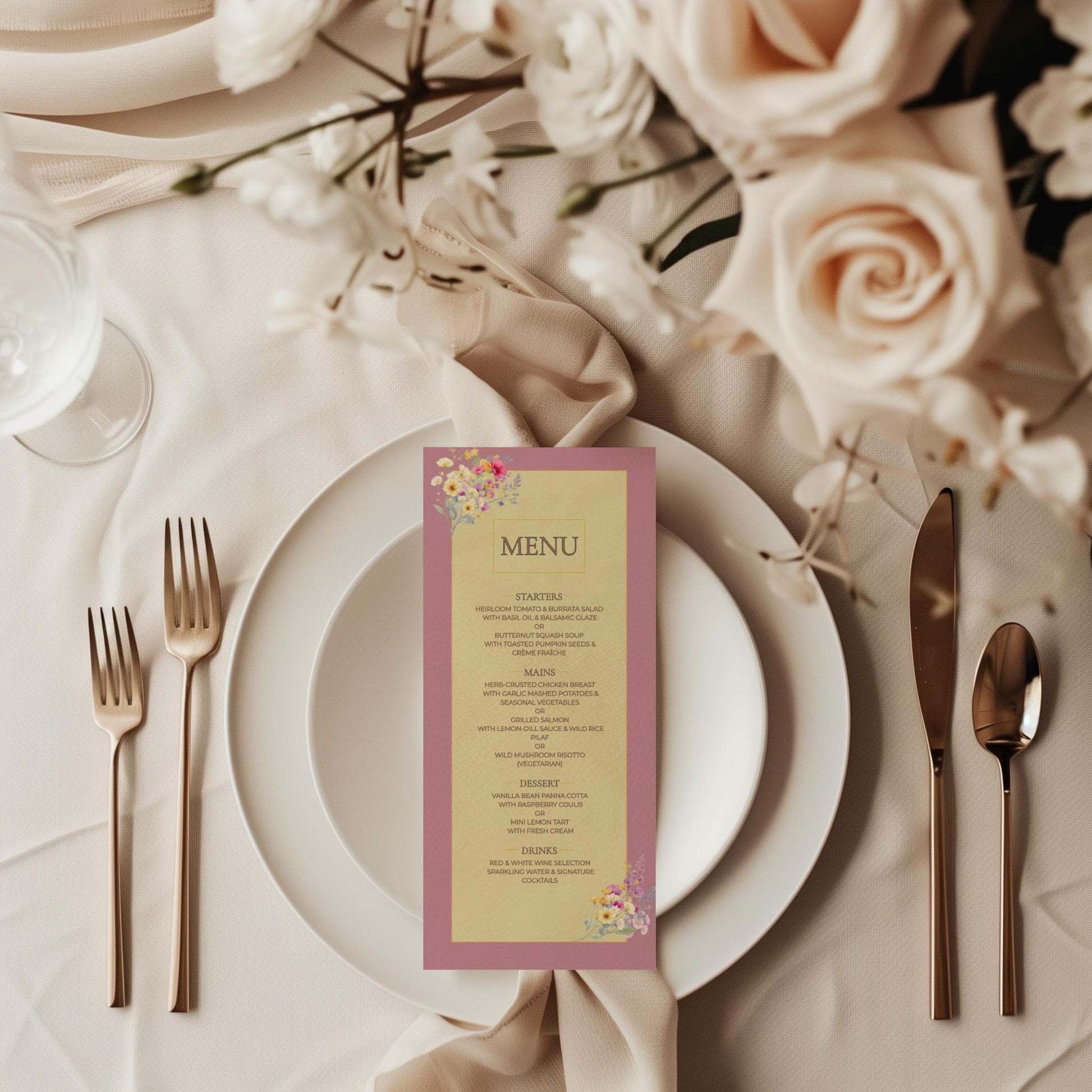 Wedding Menu Template Design Download Digital File Instant Access Bridal Stationery Wedding Reception Dinner Menu Table Display Elegant Look
