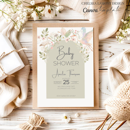 Digital Baby Shower Template Watercolor Botanical Design Garden Party Theme Invitation Custom Canva Editing Format Sage Green Pink Color Scheme Bird Nature Elements Elegant Arch Layout Easy Customization Online Design Platform Beautiful