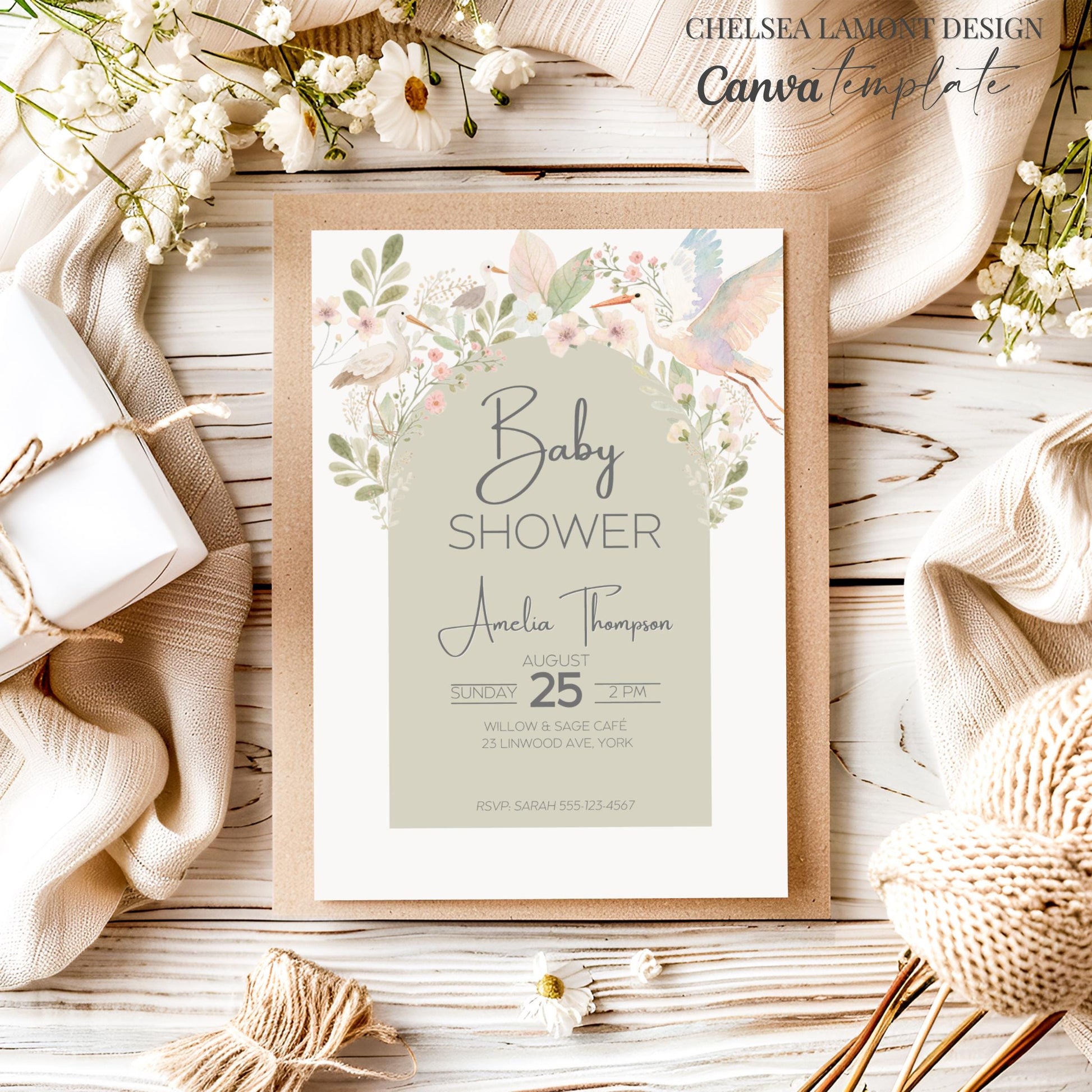 Digital Baby Shower Template Watercolor Botanical Design Garden Party Theme Invitation Custom Canva Editing Format Sage Green Pink Color Scheme Bird Nature Elements Elegant Arch Layout Easy Customization Online Design Platform Beautiful