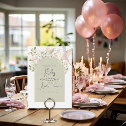 Baby Shower Template Digital Design Welcome Sign Floral Decoration Entrance Display Garden Theme Watercolor Bird Botanical Art Nursery Decor