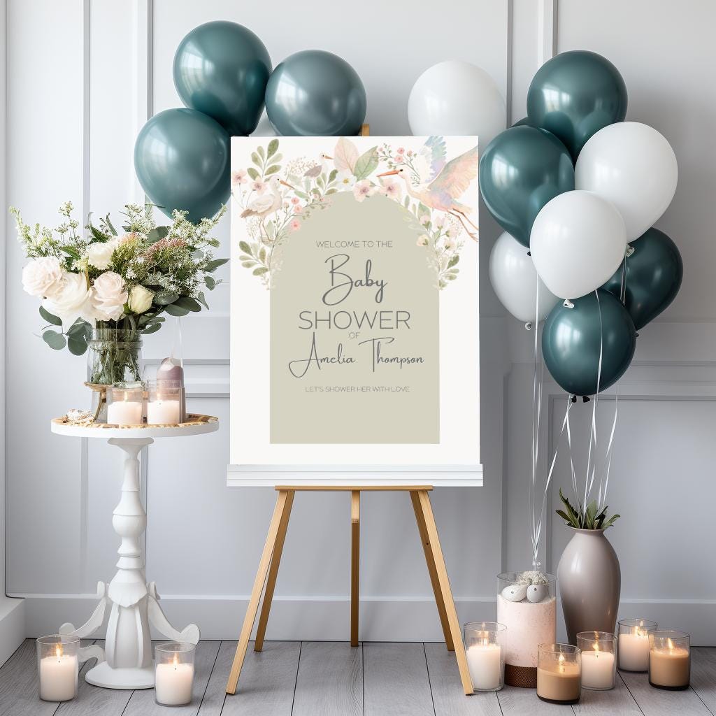 Baby Shower Template Digital Design Welcome Sign Floral Decoration Entrance Display Garden Theme Watercolor Bird Botanical Art Nursery Decor