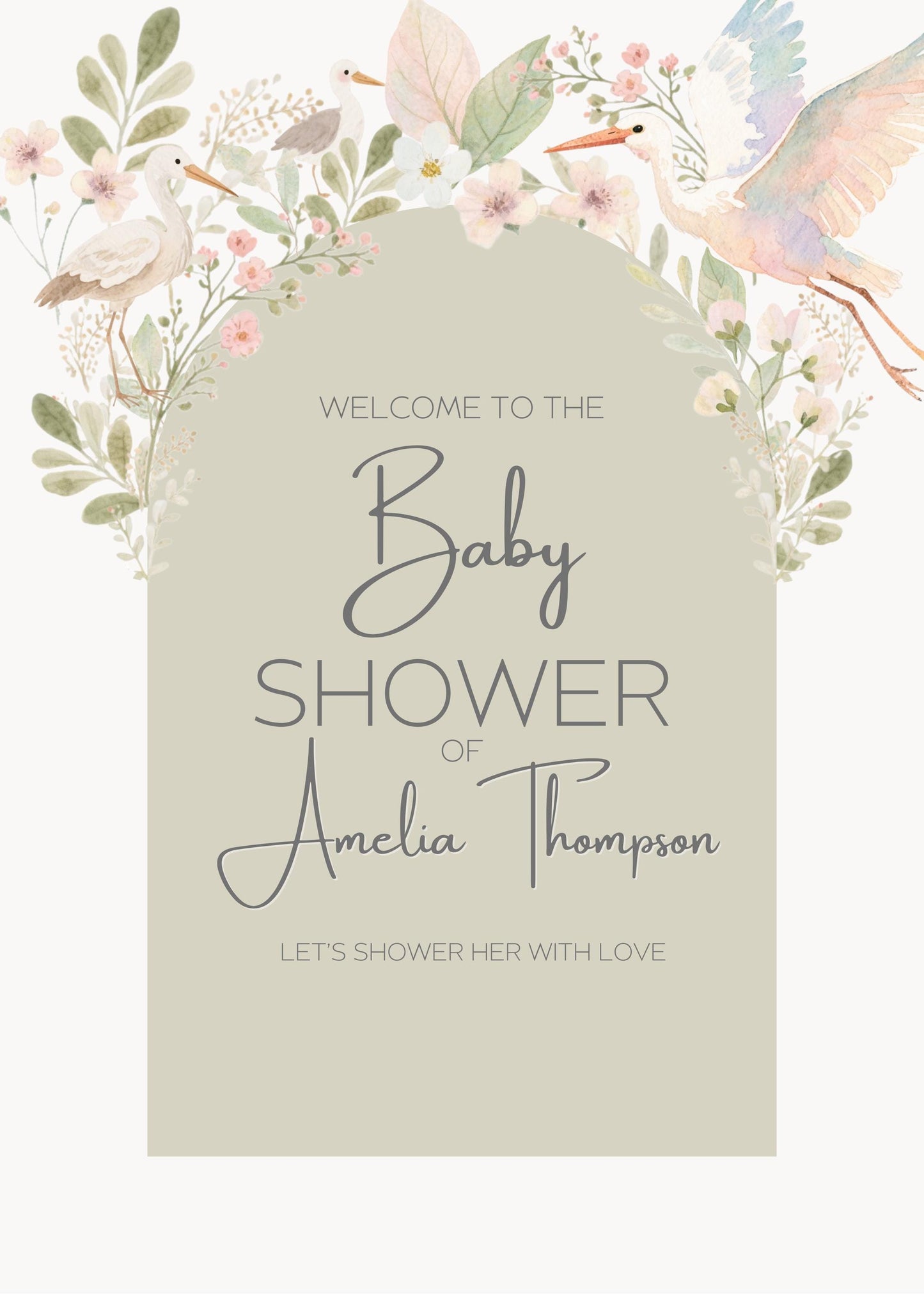 Baby Shower Template Digital Design Welcome Sign Floral Decoration Entrance Display Garden Theme Watercolor Bird Botanical Art Nursery Decor