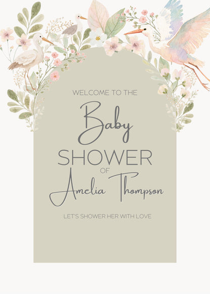 Baby Shower Template Digital Design Welcome Sign Floral Decoration Entrance Display Garden Theme Watercolor Bird Botanical Art Nursery Decor
