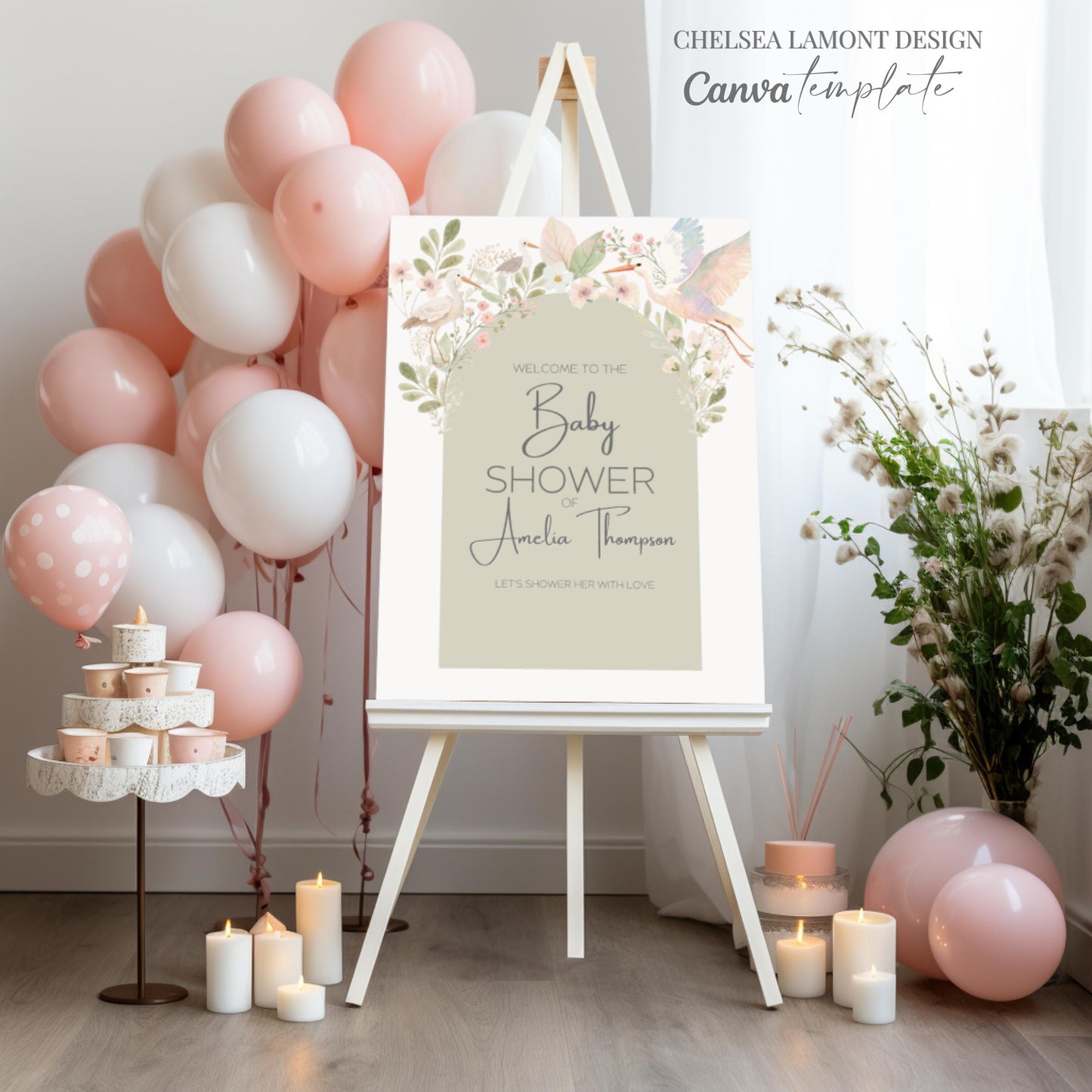 Digital Baby Shower Template Welcome Sign Design Garden Theme Entrance Display Watercolor Bird Floral Pattern Custom Event Announcement Sage Green Pink Blush Botanical Artwork Instant Download Template Editable Design Beautiful Party