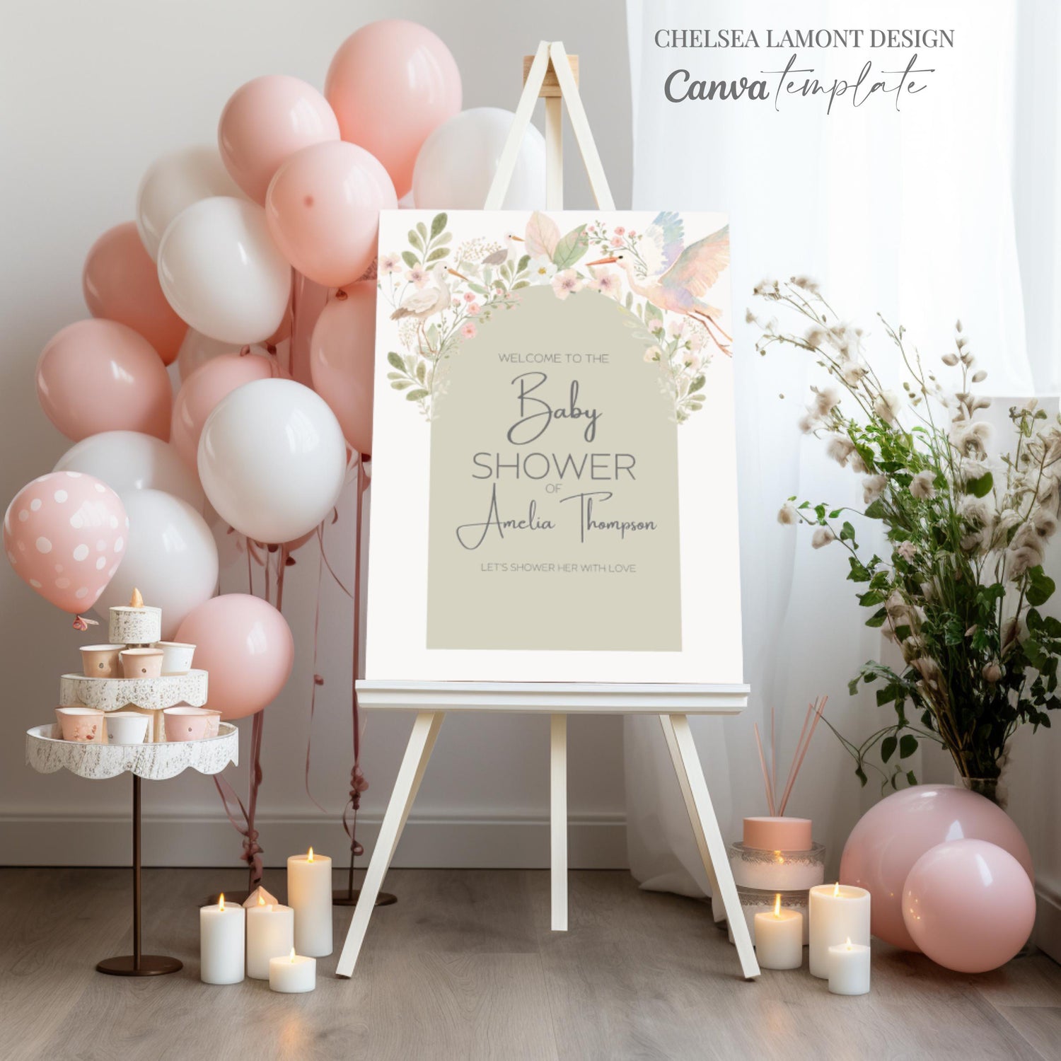 Digital Baby Shower Template Welcome Sign Design Garden Theme Entrance Display Watercolor Bird Floral Pattern Custom Event Announcement Sage Green Pink Blush Botanical Artwork Instant Download Template Editable Design Beautiful Party