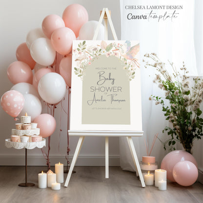 Digital Baby Shower Template Welcome Sign Design Garden Theme Entrance Display Watercolor Bird Floral Pattern Custom Event Announcement Sage Green Pink Blush Botanical Artwork Instant Download Template Editable Design Beautiful Party