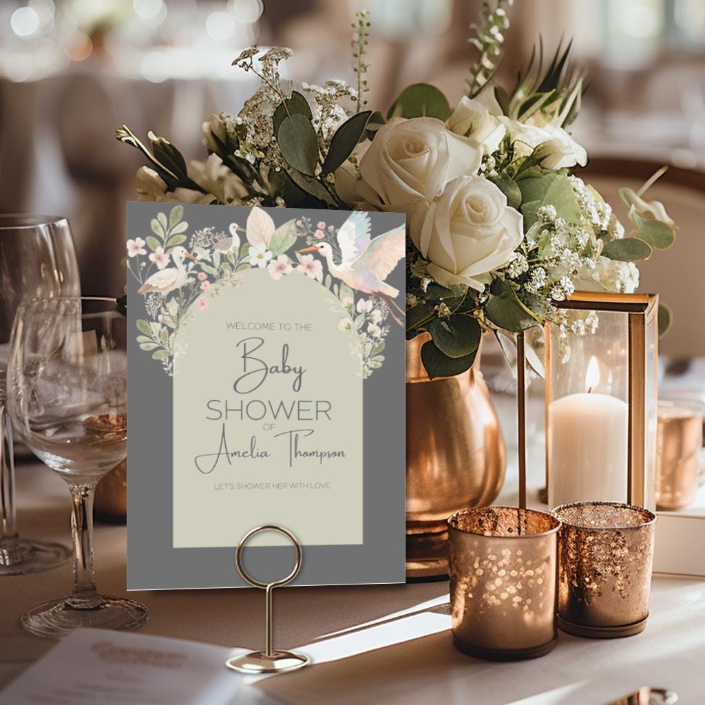 Baby Shower Welcome Sign Template Canva Design Sage Green Garden Decor Floral Accent Blush Pink Botanical Theme Party Decoration Entrance