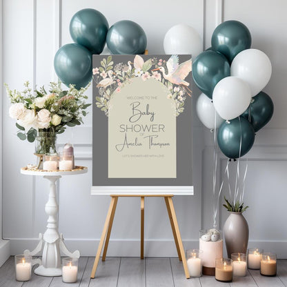 Baby Shower Welcome Sign Template Canva Design Sage Green Garden Decor Floral Accent Blush Pink Botanical Theme Party Decoration Entrance